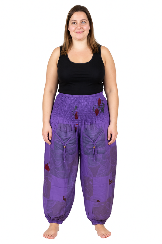 Patchwork Cotton Shirred Waist Harem Trousers