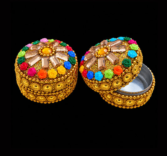 Medium Gold & Multicoloured Trinket Pill Boxes x 12