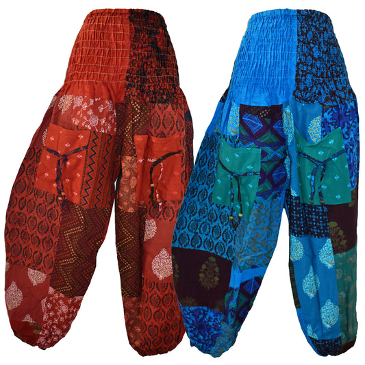 Patchwork Overdyed Shirred Waist Harem Trousers