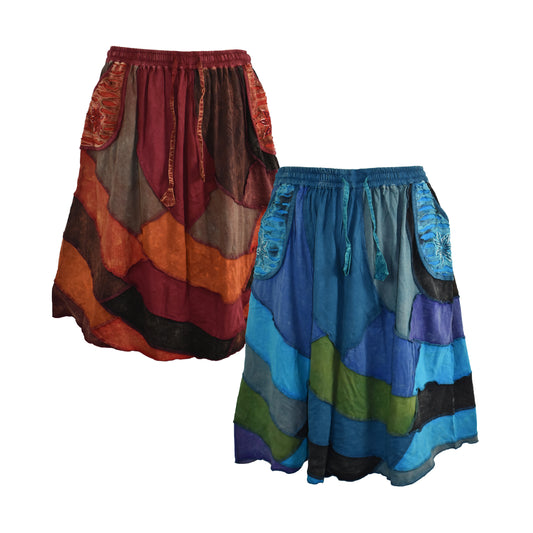 Patchwork Cotton Knee Length Skirt
