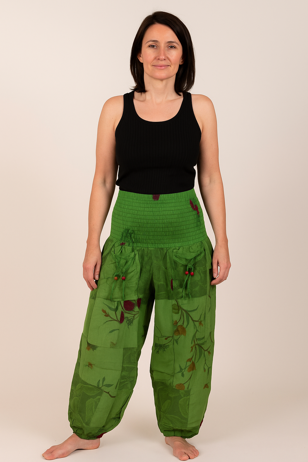 Patchwork Cotton Shirred Waist Harem Trousers