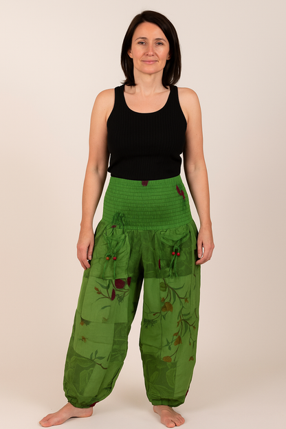 Patchwork Cotton Shirred Waist Harem Trousers