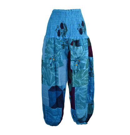 Patchwork Cotton Shirred Waist Harem Trousers