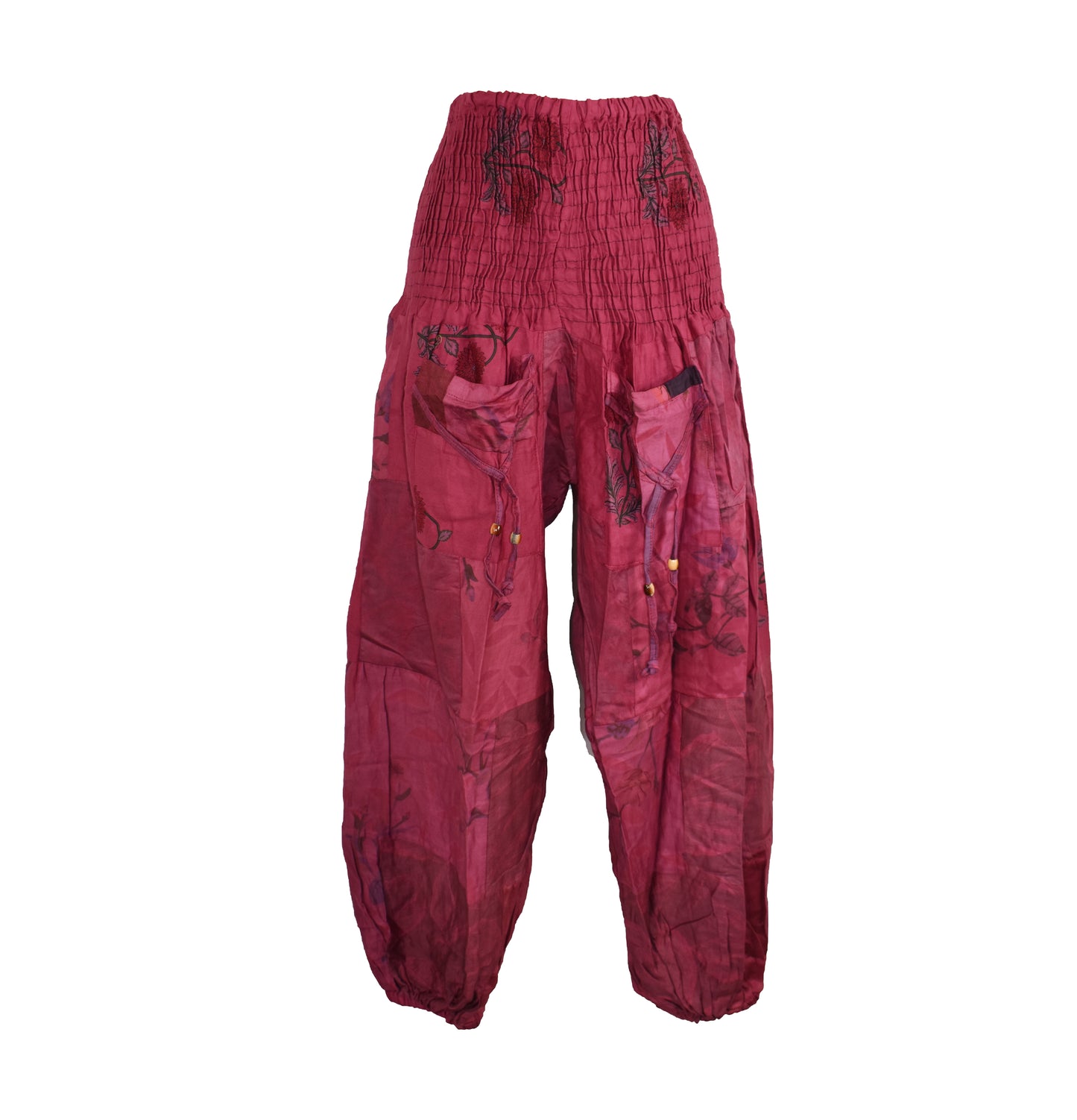 Patchwork Cotton Shirred Waist Harem Trousers