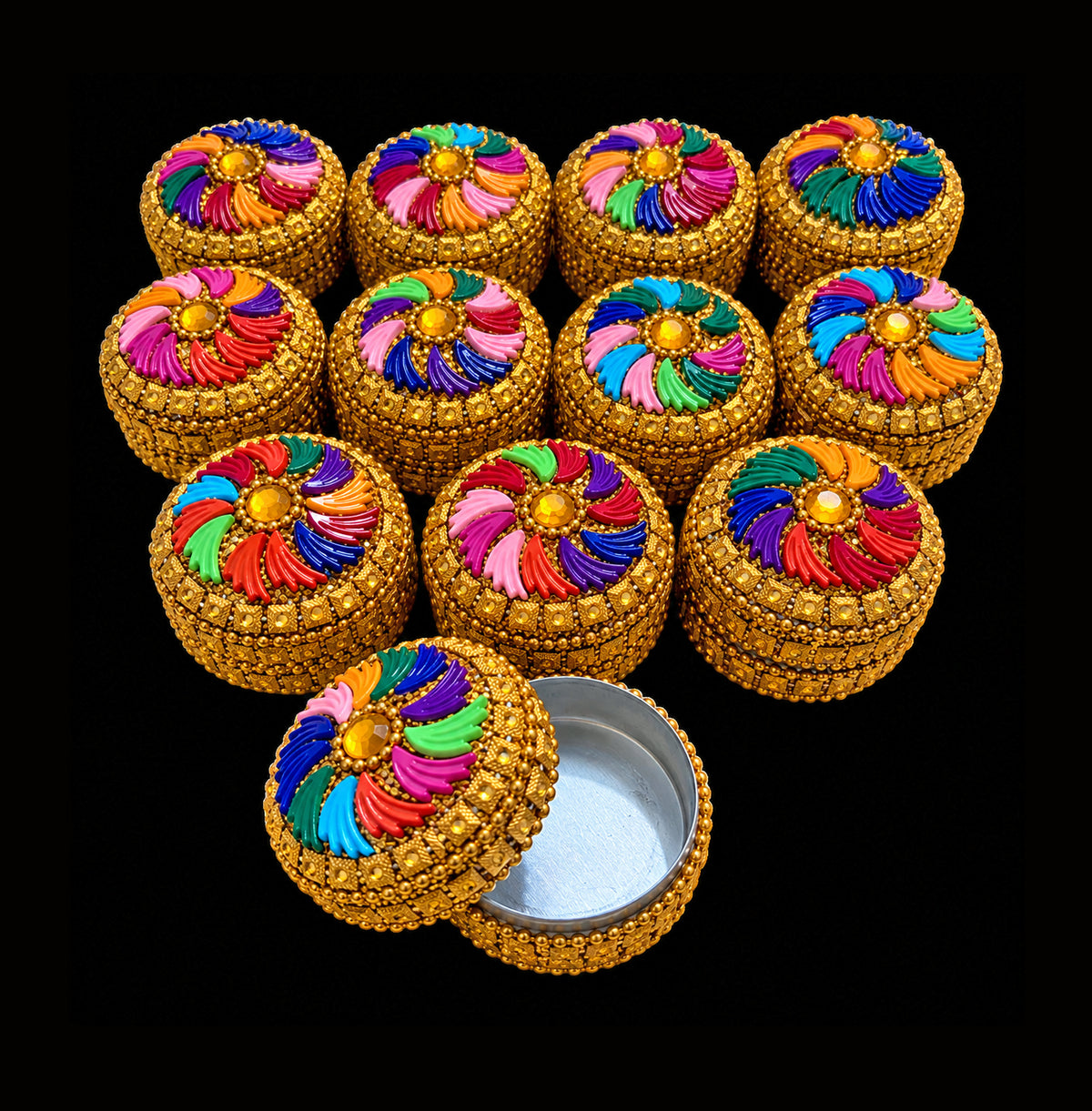 Medium Gold & Rainbow Trinket Pill Boxes x 12