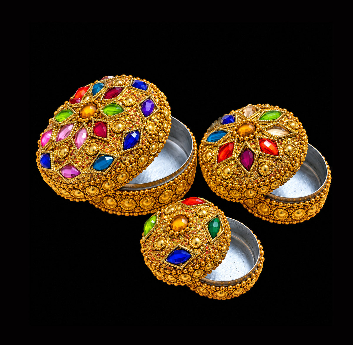 Large Nest of 3 Gold and Multi Colour Bead Trinket Pill Boxes