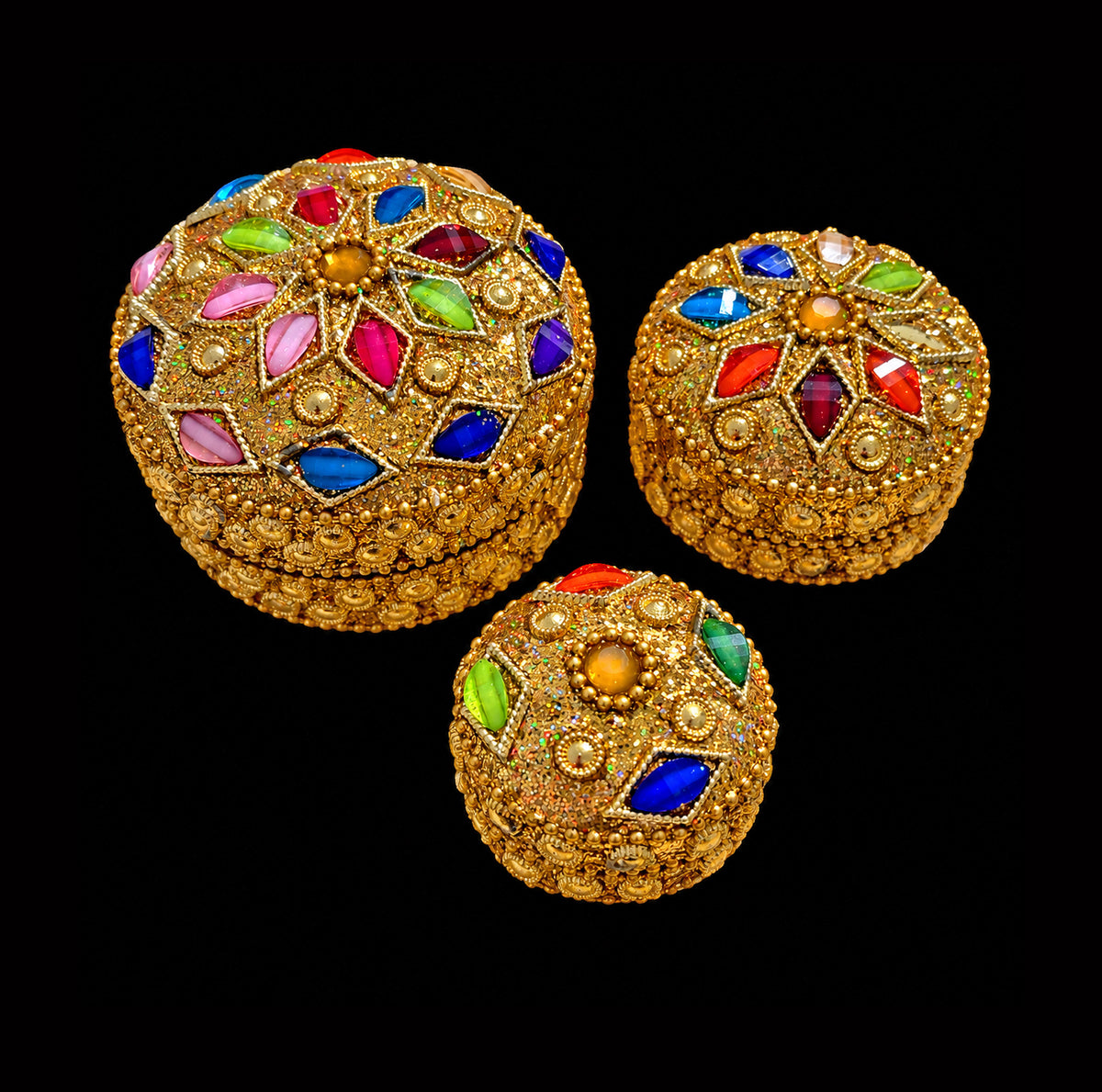 Large Nest of 3 Gold and Multi Colour Bead Trinket Pill Boxes