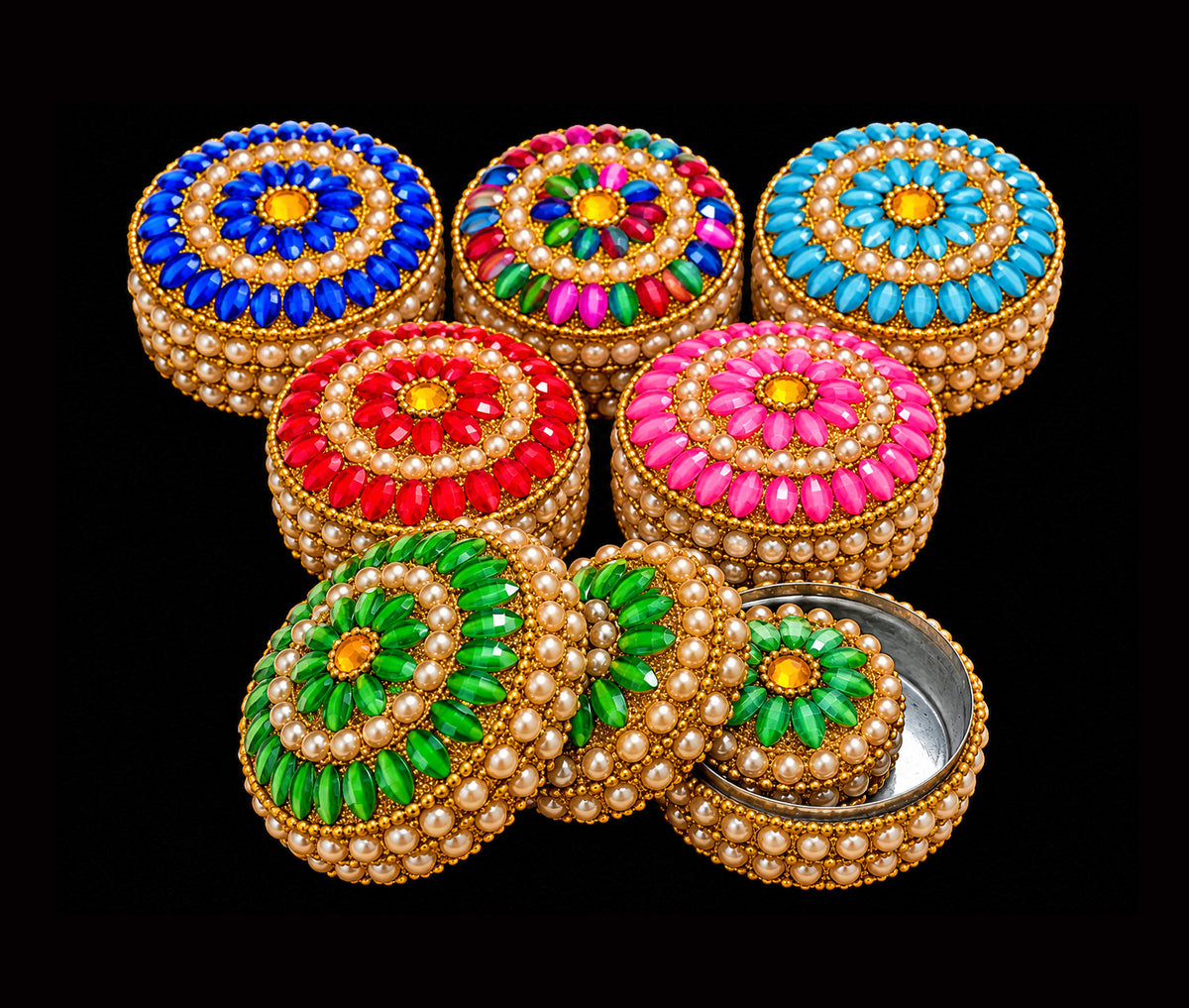 Large Nest of 3 Gold and Pearl Bead Trinket Pill Boxes