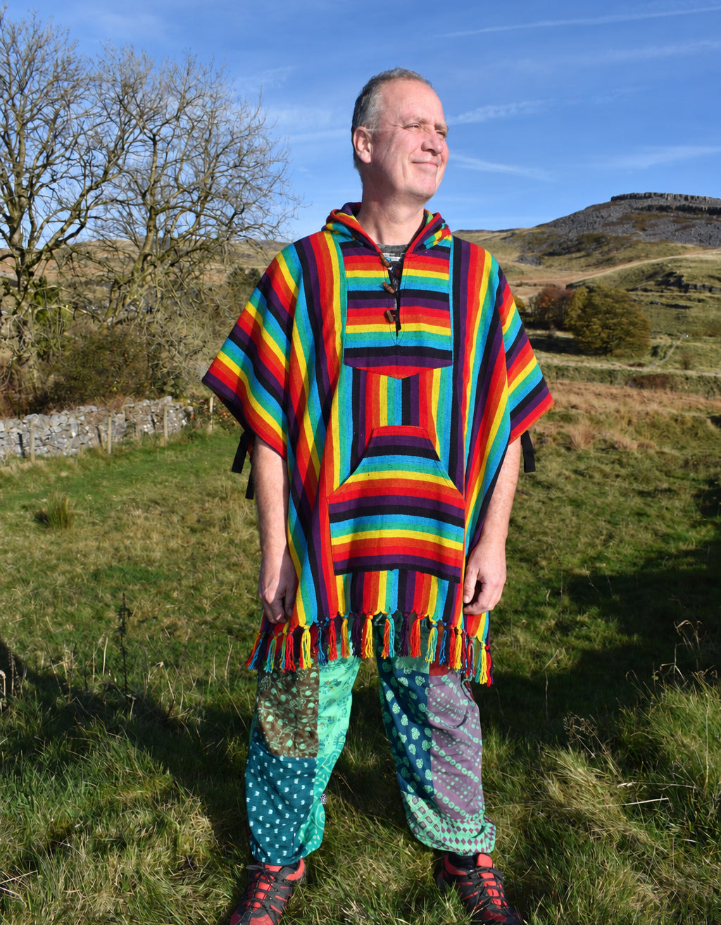 Woven Rainbow Striped Cotton Poncho