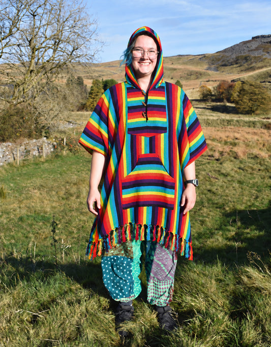 Woven Rainbow Striped Cotton Poncho