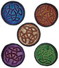 Five circular embroidered patches with Celtic knot designs in various colors on a white background.