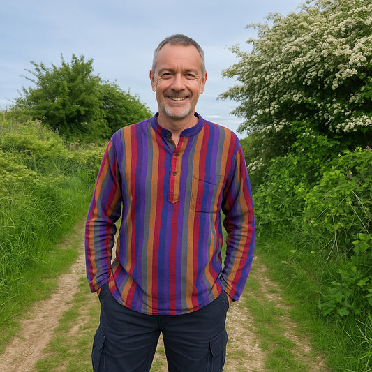Rainbow Striped Cotton Collarless Shirt