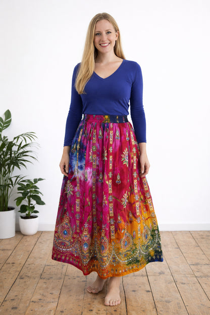 Gold Print Tie Dye Indian Rayon Skirts