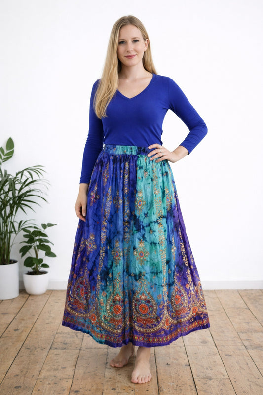 Gold Print Tie Dye Indian Rayon Skirts